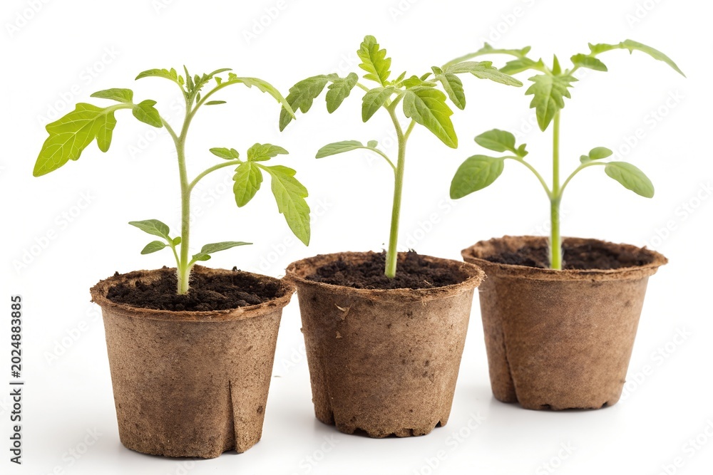 Fototapeta premium Young tomato seedlings in biodegradable peat pots isolated on white background.