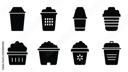 Tableau sur toile Set of 8 Black Silhouette Trash Cans, Waste Bins, Garbage Containers, Recycling