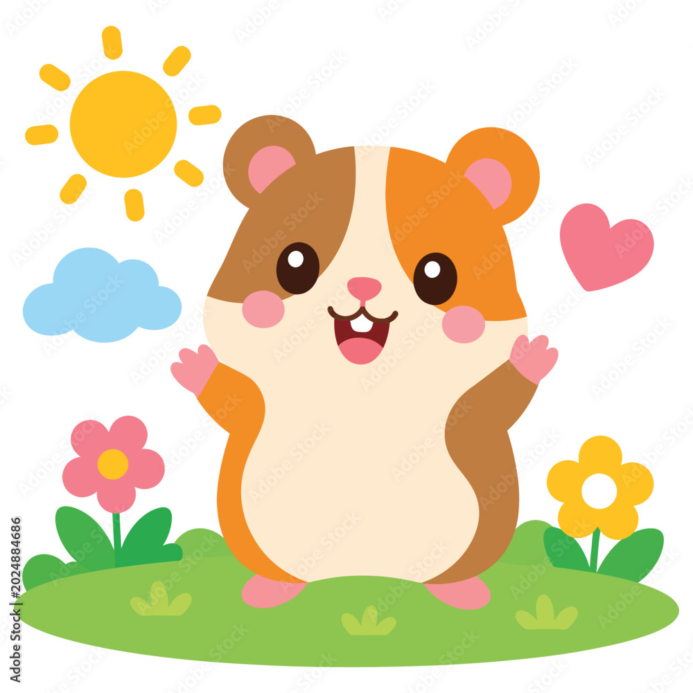 Fototapeta premium Cute cartoon hamster character standing in a sunny meadow with flowers and a heart