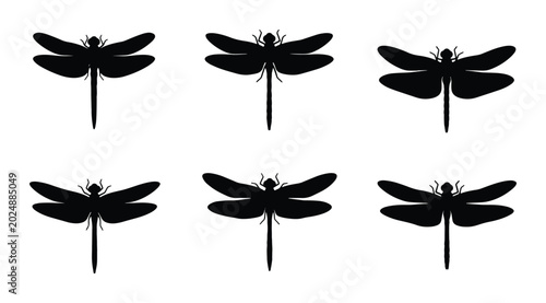 Bild auf Leinwand Black Dragonfly Silhouettes, Insect Vector Icons, Winged Creature Graphics, Natu