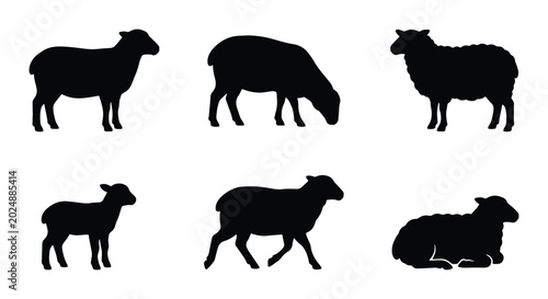 Tablou pe pânză Black Sheep Silhouettes Collection, Farm Animal Vector Icons, Livestock Poses, R