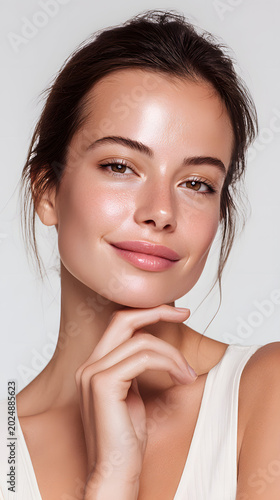 Young woman with radiant skin touching face in soft natural light close-up portrait