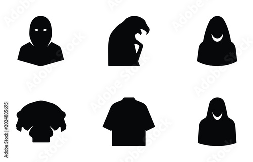 Foto Mysterious Silhouette Icons: Hooded Figures, Eagle Head, and Abstract Shapes Vec