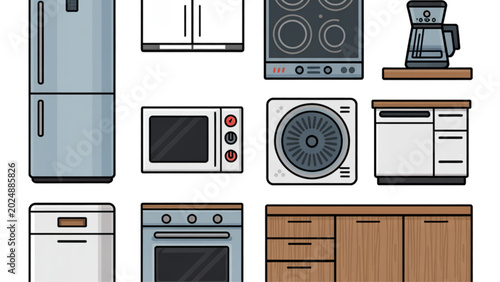 Fotografía Modern kitchen appliances and microwave set with wooden cabinetry Vector