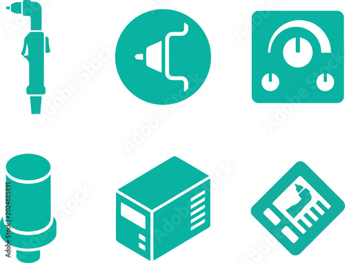 Industrial plasma cutting icons featuring torch nozzle and power unit