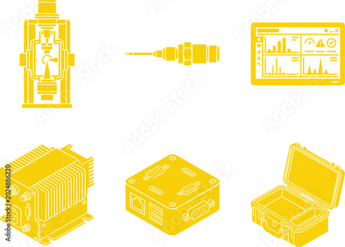 Mass spectrometer equipment and analysis icons featuring field unit and data screen