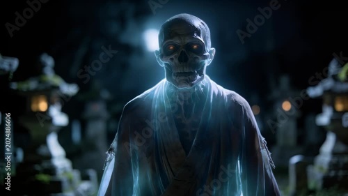 Ghostly spirit in white robe standing at traditional japanese cemetery at night. Scary glowing skeleton undead with evil eyes for halloween mystery horror theme.