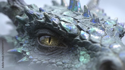Dragon eye opening slowly in dark mist. Mythical beast with glowing scales. Close up of reptile predator face. Fantasy creature concept for cinematic effect.