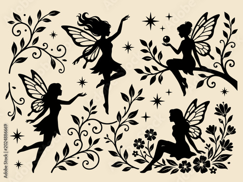 A captivating illustration features beautiful fairies amidst delicate flowers and leaves, symbolizing magic and wonder in nature, reflecting a whimsical and enchanting artistic style.