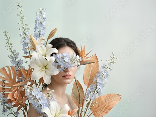 A woman with flowers and leaves covering her face in a serene composition.