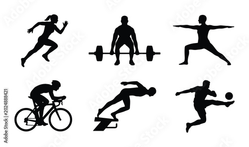 Canvastavla Diverse Sports Silhouettes: Running, Weightlifting, Yoga, Cycling, Track & Field