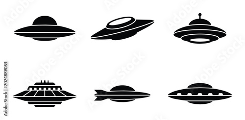 Quadro su tela Set of six black vector icons representing different flying saucer and UFO desig