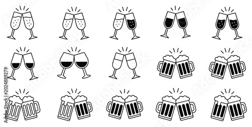 Photos Cheers in Glasses: A collection of stylized icons depicting various alcoholic beverages clinking together