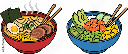 Cuadro en lienzo This image showcases a vibrant presentation of ramen noodles and sushi bowls, perfect for enticing viewers with culinary delights and appetizing visuals