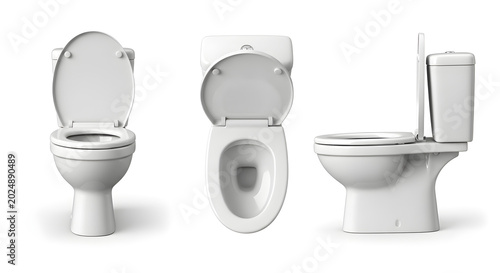 Modern white ceramic toilet set, three views of porcelain bathroom commode with open lid, sanitary ware collection for interior design and plumbing catalogs
