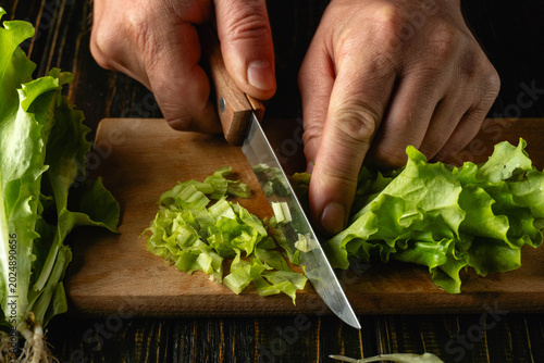Принти на полотні Two hands cut fresh lettuce on a wooden board