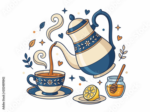 Fotografija A charming illustration of a teapot pouring tea into a cup, accompanied by honey and lemon, symbolizing comfort, warmth, and inviting tea-drinking traditions