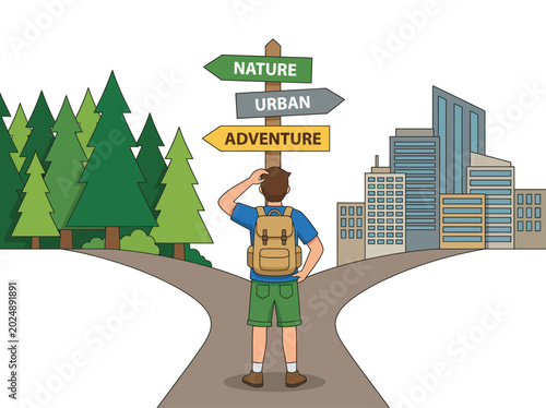 Photos A person stands at a crossroads, pondering choices between nature, urban life, and adventure, symbolizing pivotal life decisions and various lifestyle paths