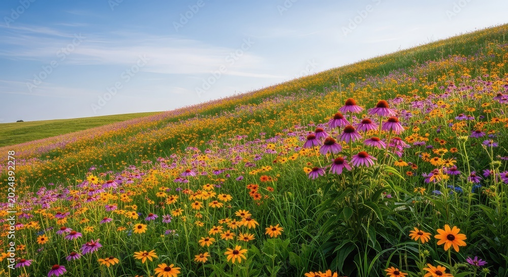 Fototapeta premium Vibrant wildflowers in shades of purple, yellow, and orange carpet a lush green hillside under a clear blue sky during a peaceful spring day, natural, ecology, colorful