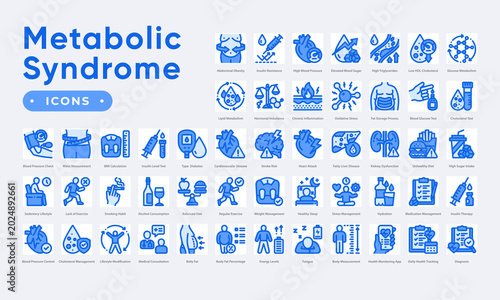 Metabolic syndrome icon set featuring obesity, diabetes, cholesterol, hypertension, and healthy lifestyle management. Simple Blue Color vector.