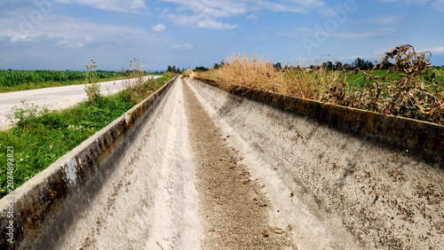An empty concrete-lined irrigation canal running beside agricultural fields during seasonal maintenance, highlighting rural water management and farming infrastructure in a dry landscape.