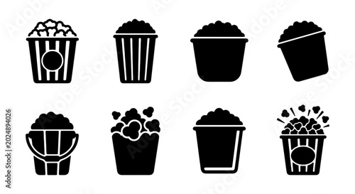 Foto Popcorn Buckets Vector Icons, Cinema Snack Containers, Movie Theater Treats, Bla