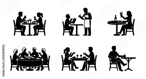 Restaurant Dining Icons, People Eating & Drinking, Vector Set