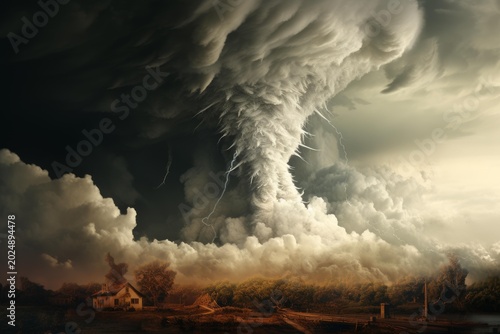 Dramatic landscape showing a powerful tornado approaching a farm in the countryside