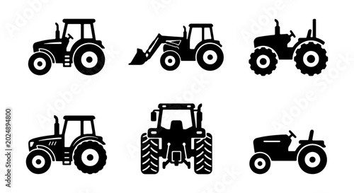Foto Tractor Icons Set, Agricultural Machinery Silhouettes, Farm Vehicle Graphics, Ve