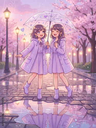 Two happy girls walking with umbrella in the rainy city park