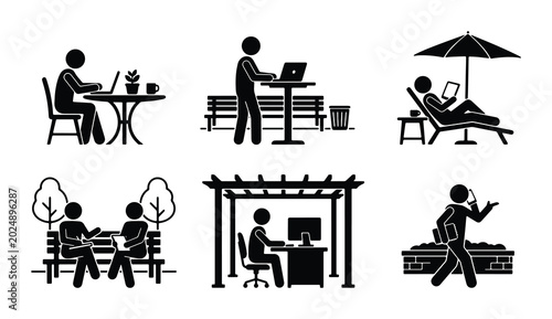 Photos Outdoor Work and Leisure Stick Figure Icons: Remote Work, Relaxation, Socializin