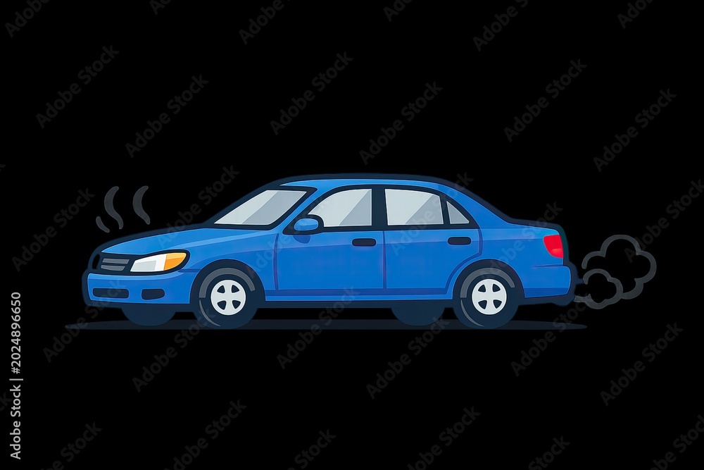 Fototapeta premium A blue car with smoke emerging from the exhaust pipe, suitable for use in scenes related to transportation or mechanical failure