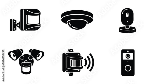 Photos Security System Icons: Motion Sensor, Camera, Floodlight, Smart Home Devices, Su