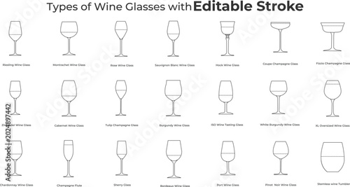 Bild auf Leinwand Set of various wine glasses line art vector with editable stroke, different types of drinkware outline collection and minimalist bar menu icons