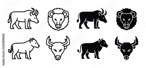Photography Bovine Animals Vector Icons Set: Bull, Bison, Buffalo, and Ox Silhouettes for Fa