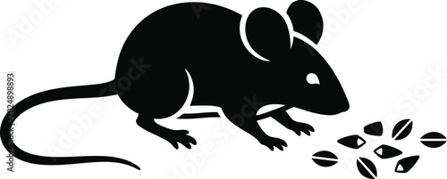 Schilderij op canvas Hantavirus Black Silhouette Icon of a Mouse Nibbling on Seeds on a White Backgro