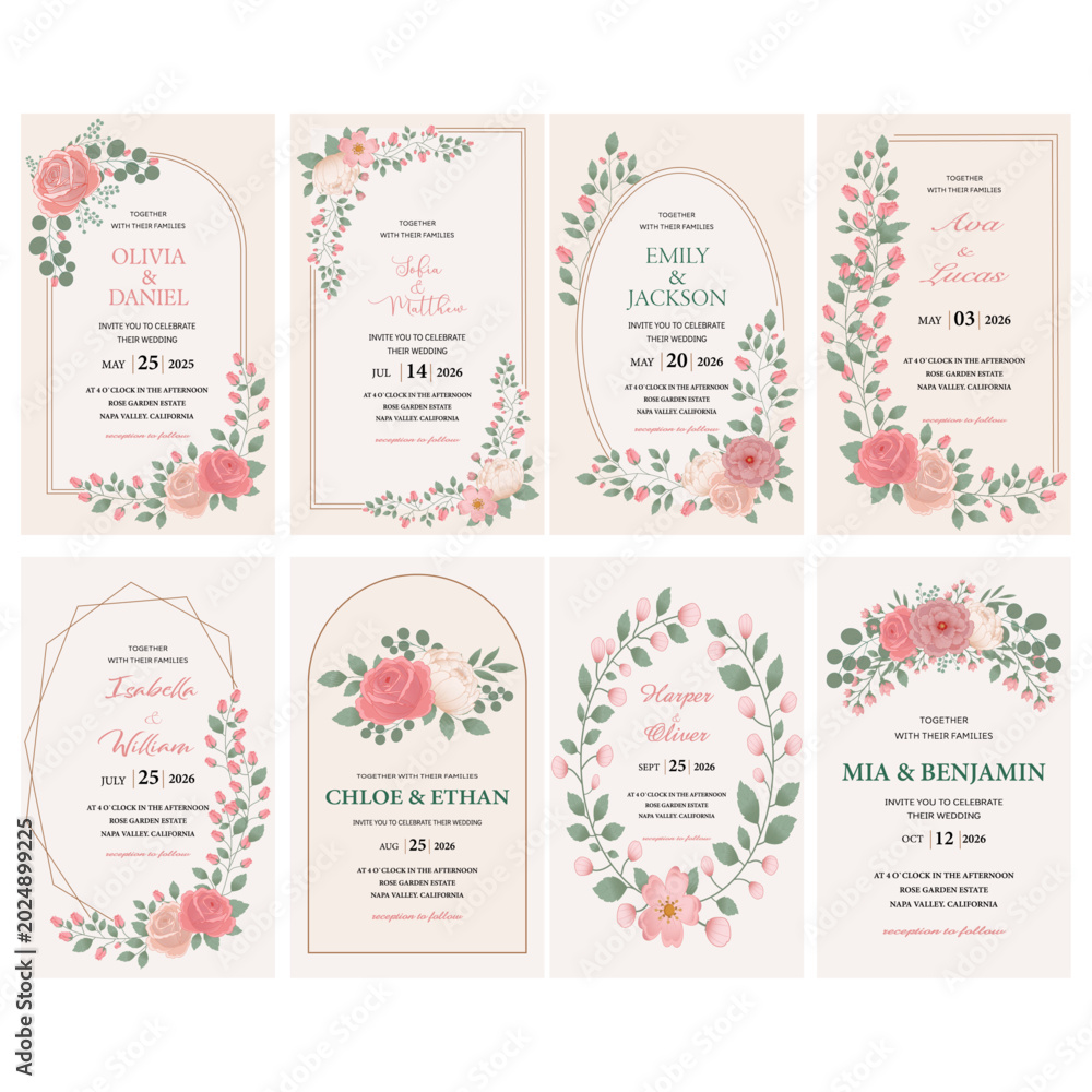 Naklejka premium Set of floral wedding invitations with botanical wreaths, blush flowers and elegant romantic stationery style