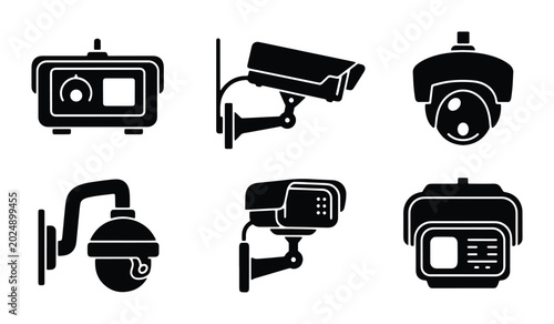 Bild auf Leinwand Security Camera Icons, Surveillance System Vector Graphics, CCTV Equipment Set,