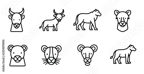Konstfotografi Minimalist Animal Icons Set: Wildlife & Farm Mammals Collection, Vector Graphics