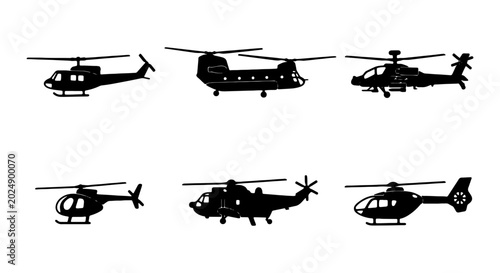 Quadro em tela Set of 6 Helicopter Silhouettes, Military and Civilian Aircraft Icons, Aviation