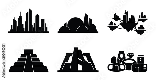 Photos Futuristic Cityscapes and Architecture Silhouettes, Modern Buildings and Ancient