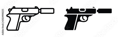 Schilderij op canvas Pistol with Silencer Icons, Handgun Weapon Vector Graphics, Firearm Symbols for