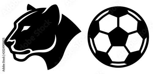 Canvas Print Panther mascot head and soccer ball sports emblem in flat vector style