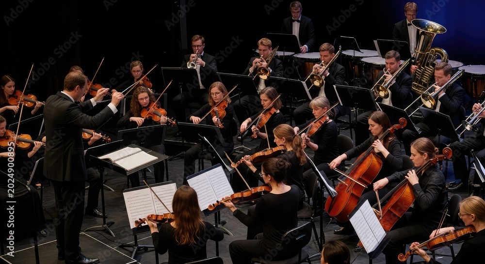 Fototapeta premium High angle view of a vibrant orchestral ensemble in unison, featuring a rhythmic baton, violins, brass, and sheet music under stage lights, creativity, percussion, sound