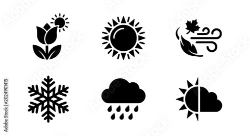 Quadro su tela Weather Icons Set: Sun, Snow, Rain, Wind, Seasons, Forecast Symbols