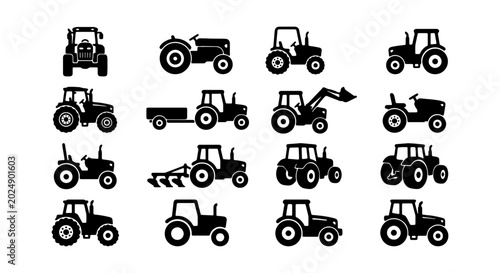 Photos Tractor Icons Set: Farm Vehicle Silhouettes, Agricultural Machinery Graphics, Ru