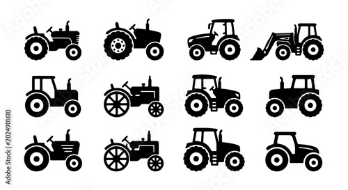 Photos Tractor Icons Collection: Farm Vehicles, Agricultural Machinery, Construction Eq