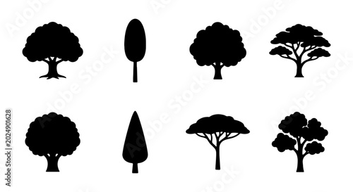 Photos Diverse Tree Silhouettes, Nature Icons Set, Vector Woodland Elements, Organic Sh