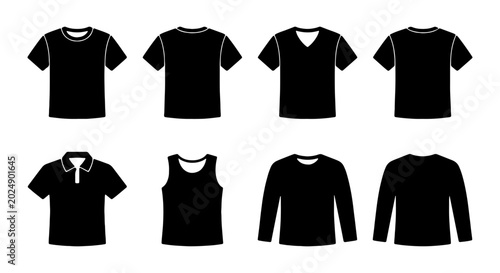 Black T-Shirt Icons, Apparel Silhouettes, Clothing Vector Set, Fashion Templates