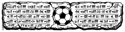 Photos Ancient stone tablet with cuneiform script and soccer ball in detailed engraving